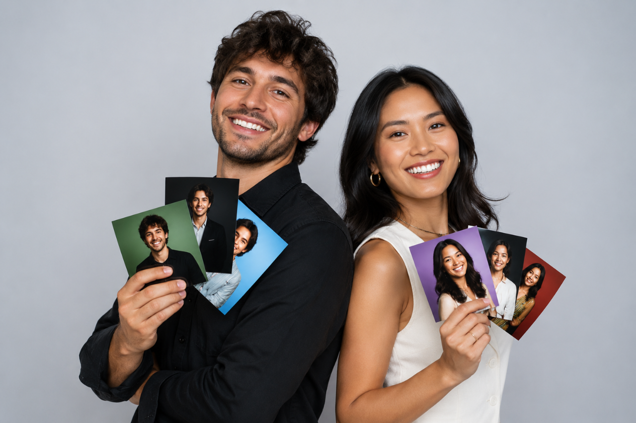Couple holding photo booth prints