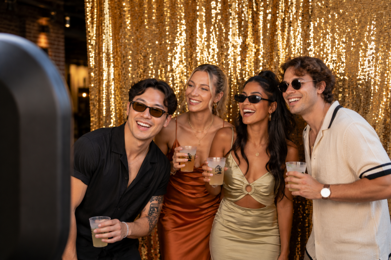 Friends laughing at a photo booth in front of a gold sequin backdrop